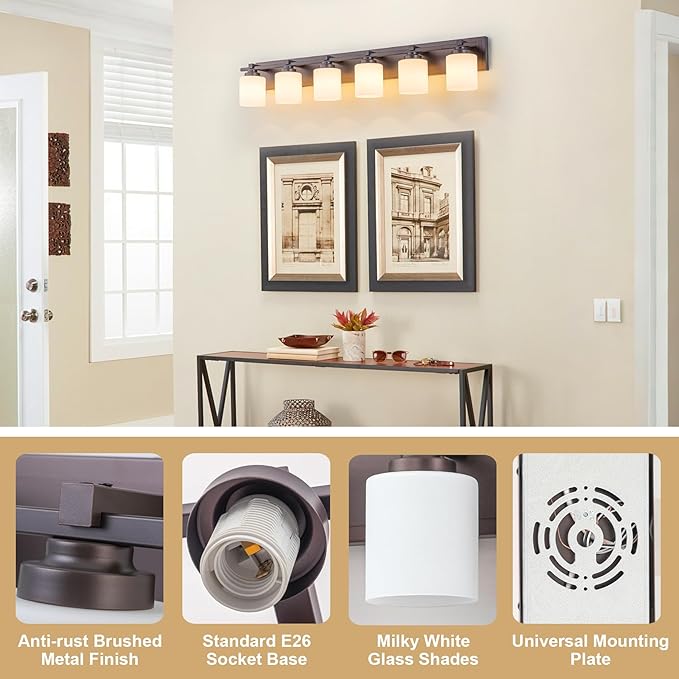 Modern Bathroom Light Fixtures Over Mirror, Vanity Lights for Bathroom Wall Sconces with Milky White Glass Shades, E26 Socket (Bulbs Not Included), 6 Light, Oil Rubbed Bronze