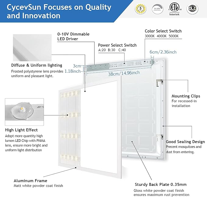 CycevSun 4-Pack 2x2 LED Flat Panel Light Drop Ceiling, 0-10V Dimmable | 40W, 4400LM, 3CCT 3000K/4000K/5000K Selectable, 100-277V, ETL Listed, Office, Commercial, Classroom