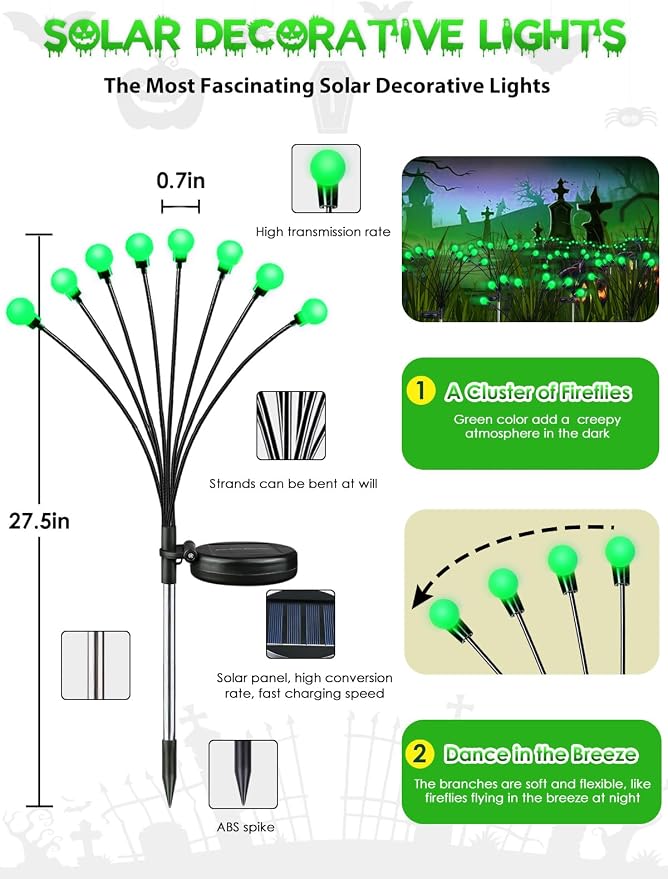 Halloween Decorations Outdoor Solar Firefly Lights 6 Pack 48 LED Green | 2 Lighting Modes, Memory Function and Auto On/Off, Sway with Wind, Waterproof Halloween Decor for Outside Horror Party Garden