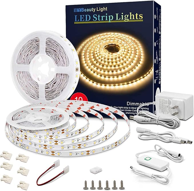 Led Strip Lights 32.8ft Warm White Dimmable Led Light Strip Flexible Rope Lights Kits with 12v Etl Power Supply, Adhesive Clips, Dimmer Switch and Connectors for Indoor Decor