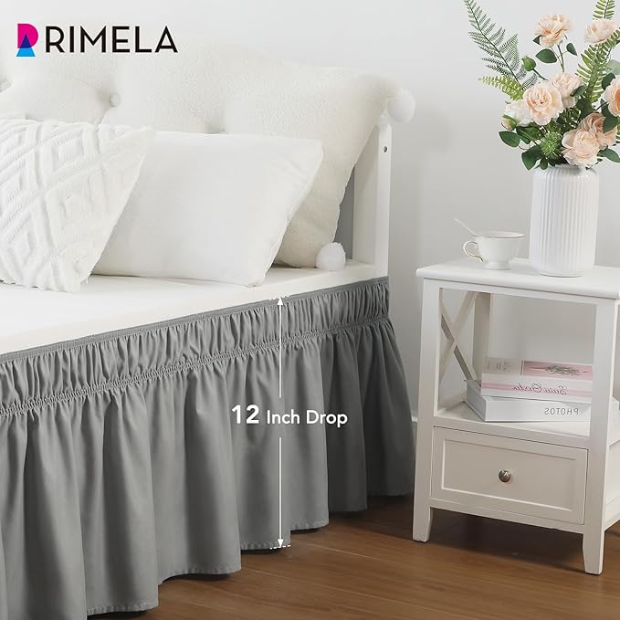 RIMELA Gray Queen Bed Skirt 12 Inch Drop,Elastic Bed Skirts Queen Size Dust Ruffle, Light Grey Bedskirt for Adjustable Bed Base Solid Fade Resistant Silky Fabric Machine Washable Easy to Install