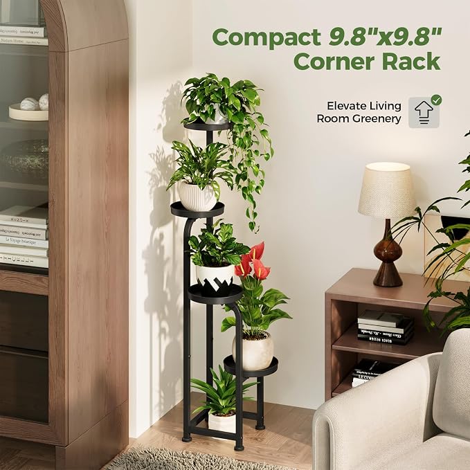 Bamworld Tall Plant Stand Indoor Outdoor Corner Metal Flower Pot Stands | 4 Tier Heavy Duty Plant Shelf for Multiple Plants Plant Table for Patio Garden Balcony Living Room Bedroom(Patent Design)