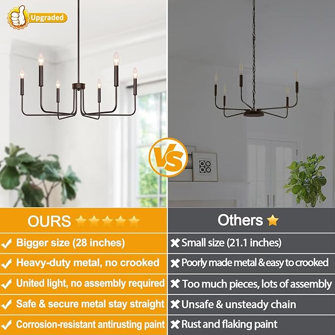 6-Light Farmhouse Chandelier for Dining Room Lighting Fixtures Hanging, Oil Rubbed Bronze Candle Chandelier Rustic Industrial Modern Chandelier for Living Room, Bedroom, Foyer, Kitchen