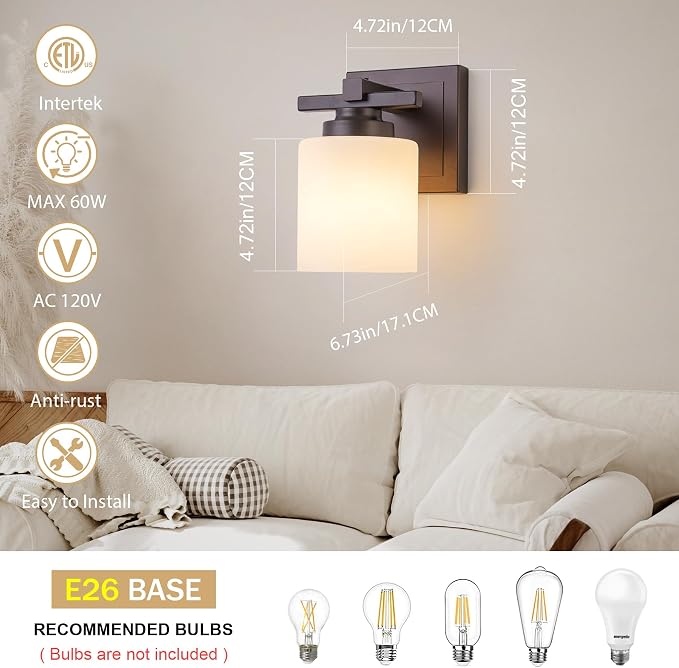 Modern Bathroom Light Fixtures Over Mirror, Vanity Lights for Bathroom Wall Sconces with Milky White Glass Shades, E26 Socket (Bulbs Not Included), 1 Light, Oil Rubbed Bronze