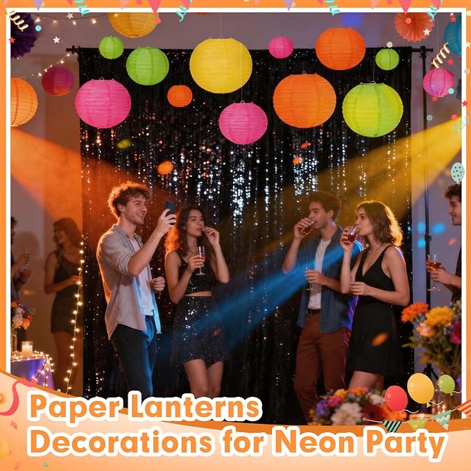 Mwellewm 18Pcs Colorful Paper Lanterns Set Glow in The Dark Party Supplies Neon Party Decorations Rainbow Hanging Paper Lantern Decor for Birthday Carnival Celebration Back to School Home Courtyard