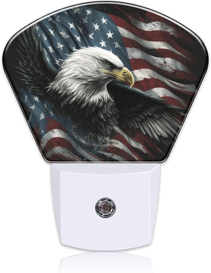 American Flag and Bald Eagle Night Light, USA Flag Nightlight Plug into Wall with Dusk to Dawn Sensor for Kid Girls Boys Women Men Bedroom, Hallway, Kitchen, Bathroom, Stairs Decor