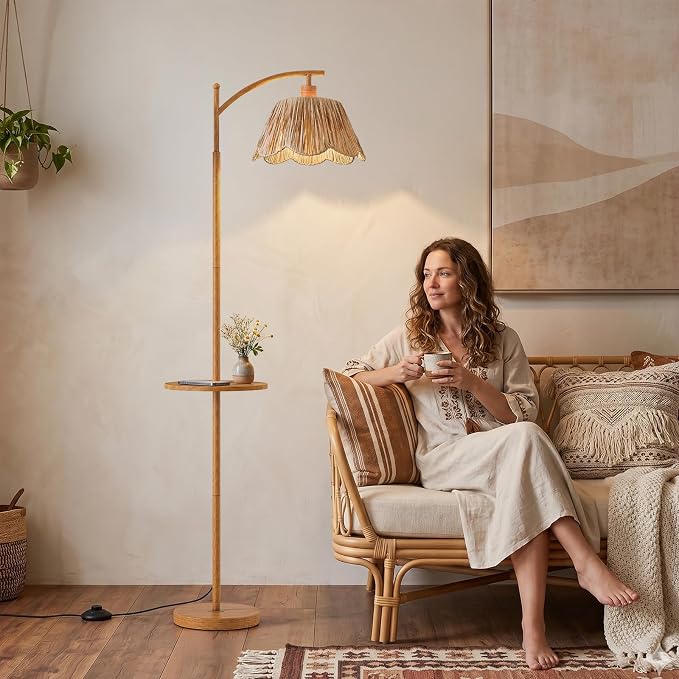 63.5" Floor Lamp with Table for Living Room, Boho Rattan Standing Lamps with Foot Switch, Farmhouse Floor Lamp for Bedroom, Arc Tall Lamp with Metal Base&Pole, Bulb not Included, Woodgrain