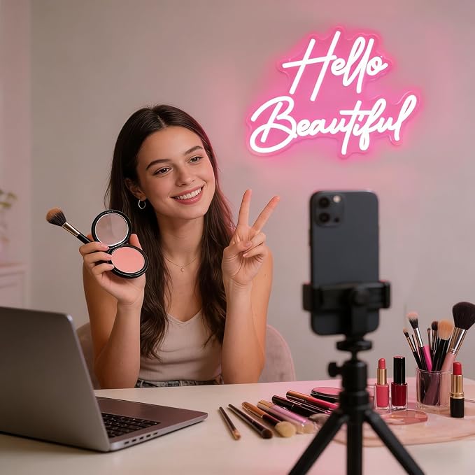 Hello Beautiful Neon Sign Pink Neon Sign Wall Decor Bedroom Beauty Room | Dimmable LED Pink Neon Light for Vanity Room Beauty Salon Makeup Lash Room Bachelorette Boutique Wedding Decor Gift for Girls