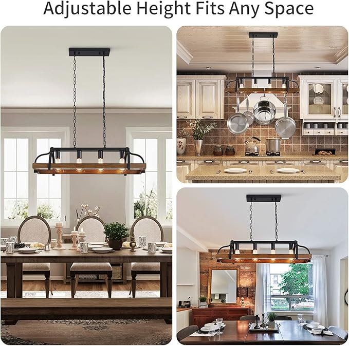 WUZUPS 4-Light Metal Pot Hanging Rack Chandelier Imitation Wood Grain Linear Pendant Ceiling Lighting Rustic Farmhouse Fixture Kitchen Island Dining Room, H 9.8" x L 34.6" x W11.8, E26 Base, Black