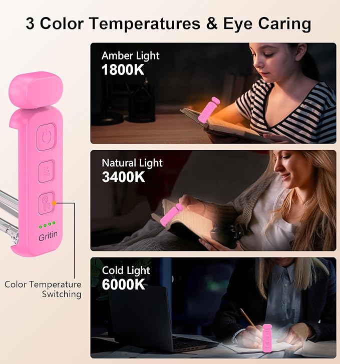 Gritin Reading Light, Rechargeable Book Light for Reading in Bed | Eye Caring 3 Color Temperatures, 5-Level Dimmable Brightness, Long Lasting, Compact Size Clip on Book Lamp for Bookworms-Rose