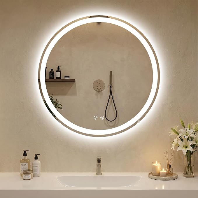 DUMOS 30 Inch Round LED Bathroom Mirror with Lights, Circle Vanity Mirror | Anti-Fog, Dimmable, 3-Color Light, Front Light and Backlit, Memory Function, Tempered Glass
