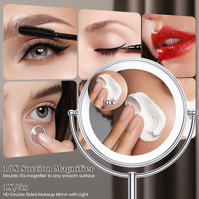 11.8" Extra Large 17" Tall Lighted Makeup Mirror, 1X/5X/10X 3-Sided Magnifying Mirror with 96 LEDs, 3 Color Dimmable Lights, 360° Swivel Dual Power Vanity Mirror, Silver Nickel Luxury Gift Box