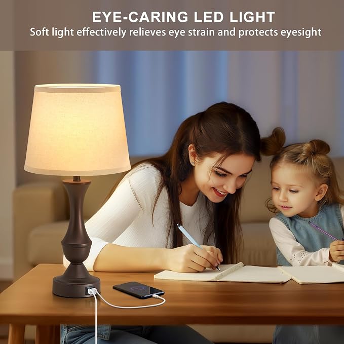 Luvkczc 22" Table Lamp Set of 2 - Vintage Brown Bedside Lamp with Beige Fabric Shade, Dimmable, USB C+A Ports, Nightstand Lamp for Living Room Bedroom (Bulb Included)