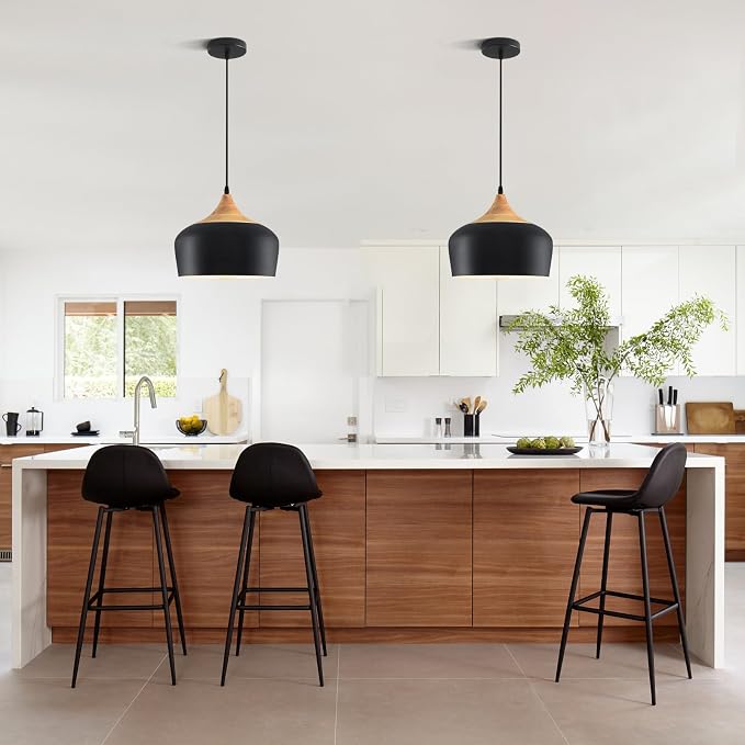 11.8" Industrial Pendant Light, Oak Wood & Metal Drum Shade