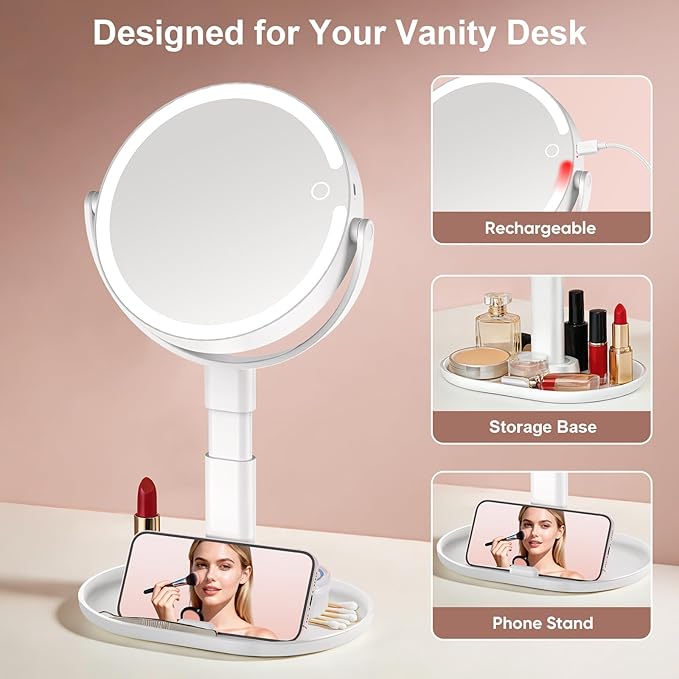 Lighted Makeup Mirror with 10X Magnification, Rechargeable LED Magnifying Vanity Mirror with 3 Lights, Adjustable Height, Storage Base and Phone Holder, White, 8 inch