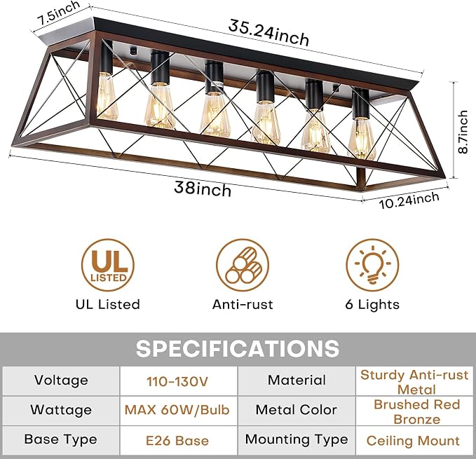 38" Large Brushed Bronze Flush Mount Ceiling Light for Kitchen | Vintage Industrial Kitchen Ceiling Light Fixtures with X-Shaped Metal Cage, 6-Light Farmhouse Large Flush Ceiling Lighting