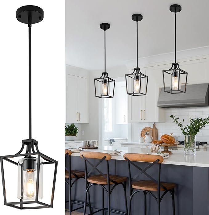 foucasal Black Farmhouse Lantern Pendant Light for Kitchen Island 6.69" | 1 Light, E26 Ceramic Socket, Clear Glass Shade, Adjustable Height Rods, Ideal for Kitchen Dining Room Foyer Hallway Entrance