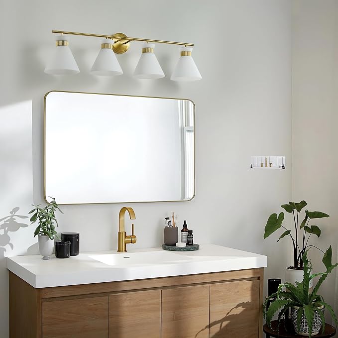 WOSHITU Bathroom Vanity Light Fixtures: 4 Bulb Mid Century Modern Vanity Lights for Bathroom, Brass Gold Wall Sconce Lighting with Frosted Milky Glass for Over Mirror Bath