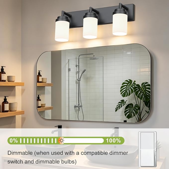 Bathroom Light Fixtures, Matte Black Bathroom Lighting Fixtures Over Mirror, Modern Vanity Light with White Glass Shade, Restroom Lighting Fixtures, 3-Light 22-inch