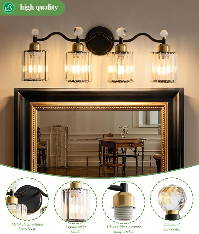 Black&Gold Bathroom Vanity Light Fixtures Over Mirror,4-Light Crystal Bathroom Light Fixtures,Vanity Light Fixtures Over Mirror,Wall Sconce with Clear Crystal Glass Shade, Kitchen, Living Room