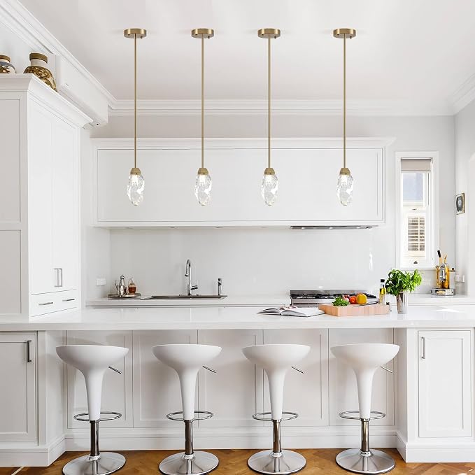 Modern 1-Light Brass Stem Rock Crystal Mini Pendant Lamp | Adjustable metal stem, textured ice crystal shade, modern brass finish, for kitchen island bedroom bathroom vanity lighting