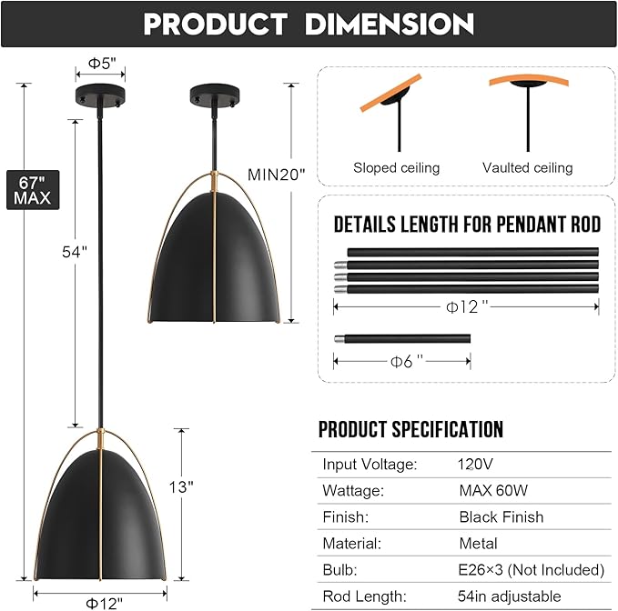 Black Dome Pendant Light 3 Light Socket Large Pendant Light Fixture with Adjustable Pendant Rod 12in Black Gold Pendant Lighting for Kitchen Island Dining Room Kitchen Sink, E26