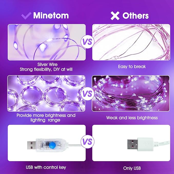 Minetom Halloween Curtain Lights, 300 LED Dimmable Fairy Lights with Remote and Timer, 8 Modes, USB Powered String Lights for Room Wall Party Xmas Indoor Decor, Purple