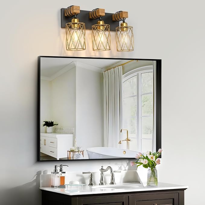 IZORRO Farmhouse Bathroom Vanity Light, 3-Light Wood Bathroom Light Fixtures Over Mirror, Black and Gold Industrial Vanity Lights with Metal Shade, Rustic Restroom Lighting Fixtures