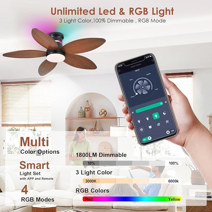 Tropical Palm Leaf RGB Ceiling Fans with Lights 46”, Brown Flush Mount Ceiling Fan with Light and Remote, 3CCT Dimmable LED&&Side RGB Light, Reversible 6 Speeds, Quite Low Profile Ceiling Fan Party