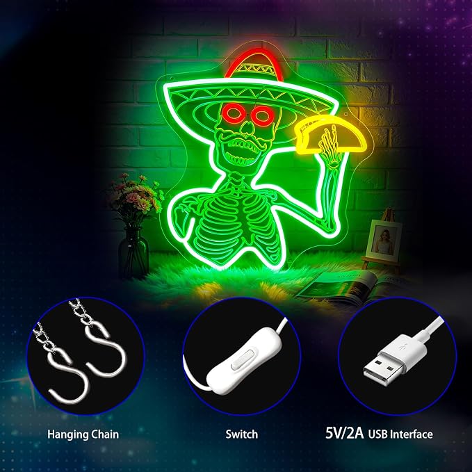 Neon Sign, Tacos Skul Neon Signs for Wall Decor LED Sign Neon Light | Green Skull Neon Sign, Skeleton Taco LED Signs for Mexico Restaurant, Mexican Kitchen, Halloween Decor, Gift, USB Powered