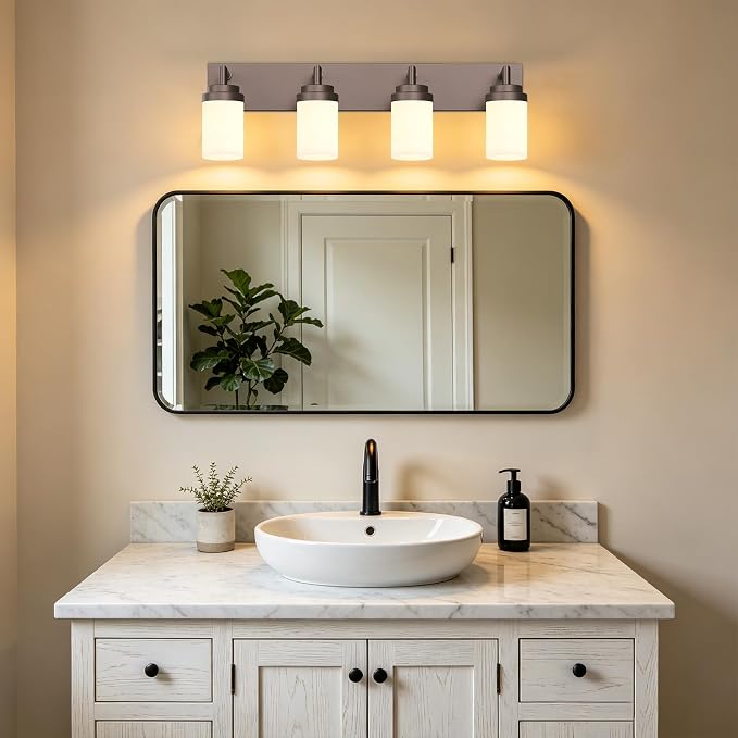 Bathroom Light Fixtures, Oil Rubbed Bronze Bathroom Lighting Fixtures Over Mirror, Modern Vanity Light with White Glass Shade, Restroom Lighting Fixtures, 4-Light 30-inch