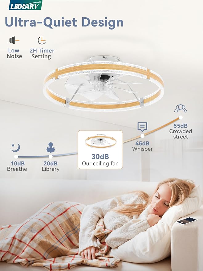 LEDIARY 24'' Low Profile Ceiling Fans with Lights and Remote, Wood Grain | 3000-6000K Dimmable LED, 6 Wind Speeds, Quiet Reversible DC Motor, Small Flush Mount Fandelier for Bedroom, Living Room