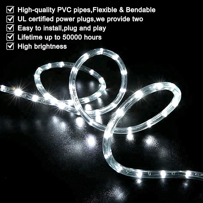 Rope Lights Outdoor Waterproof Daylight White: LED 50FT Cuttable Outside Bright 110V Lighting Connectable Flexible Plug Cool Clear Tube, Indoor Deck Patio Xmas Camping Decor, Not Flat Strip