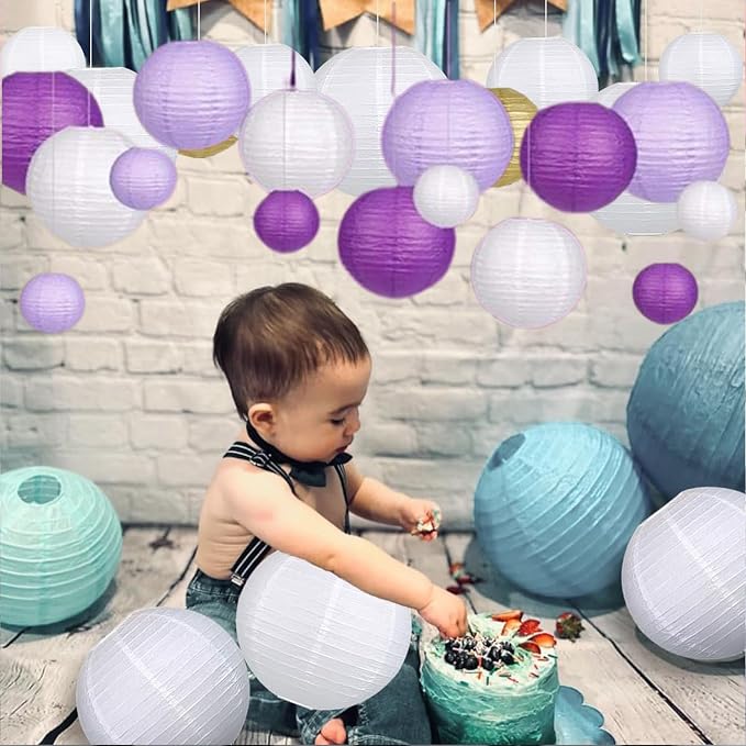 Purple Paper Lanterns Decorative,Hanging Chinese Lanterns Indoor Outdoor for Birthday, Wedding, Christmas, Bridal, Home Decor, Ceiling Decorations(Size of 4”, 6”, 8”, 10”,12Pcs)