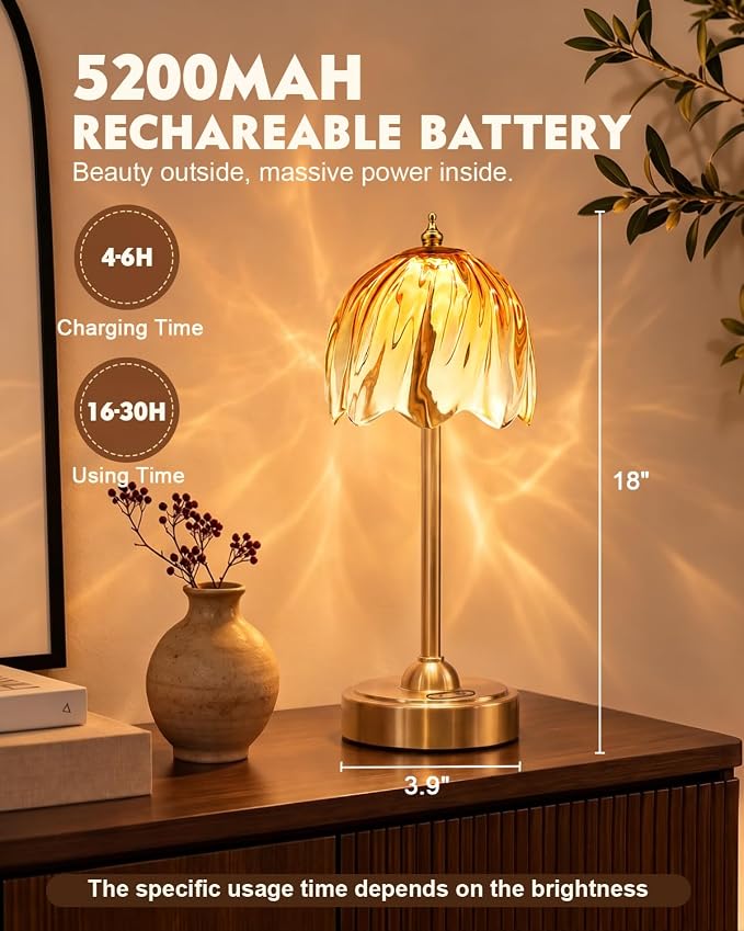 Nusogon Cordless Flower Table Lamp, 5200mAh Small Rechargeable Touch Lamp | 3 Color & Stepless Dimming, Amber Gradient Glass Desk Lamp for Bedroom, Office, Kitchen, Nightstand, Room Decor