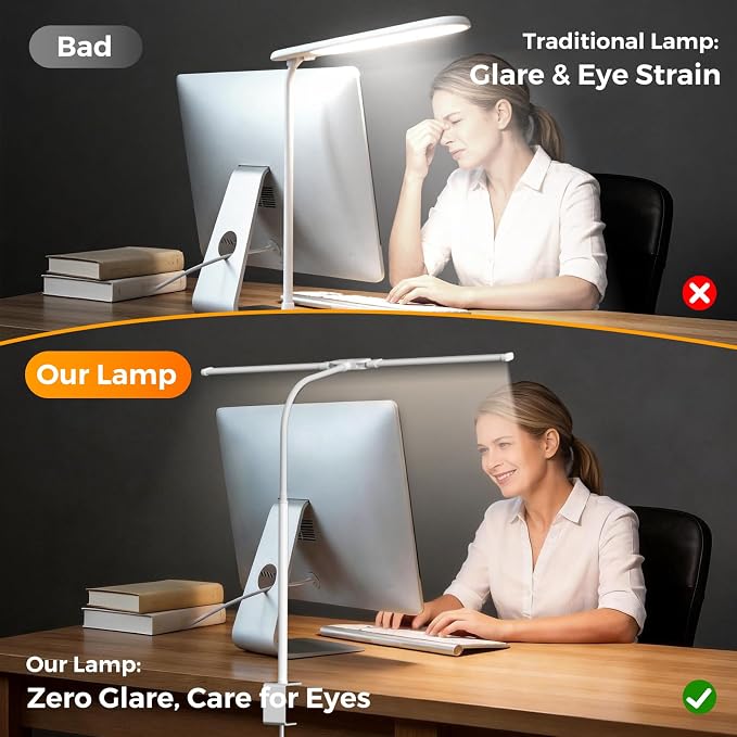 LED Desk Lamp with Clamp - Double Head Desk Light with Remote and Touch - Eye Protection - 12 W, 5 Color Modes, Timer and Memory Function, Flexible Gooseneck - for Office, Reading - White