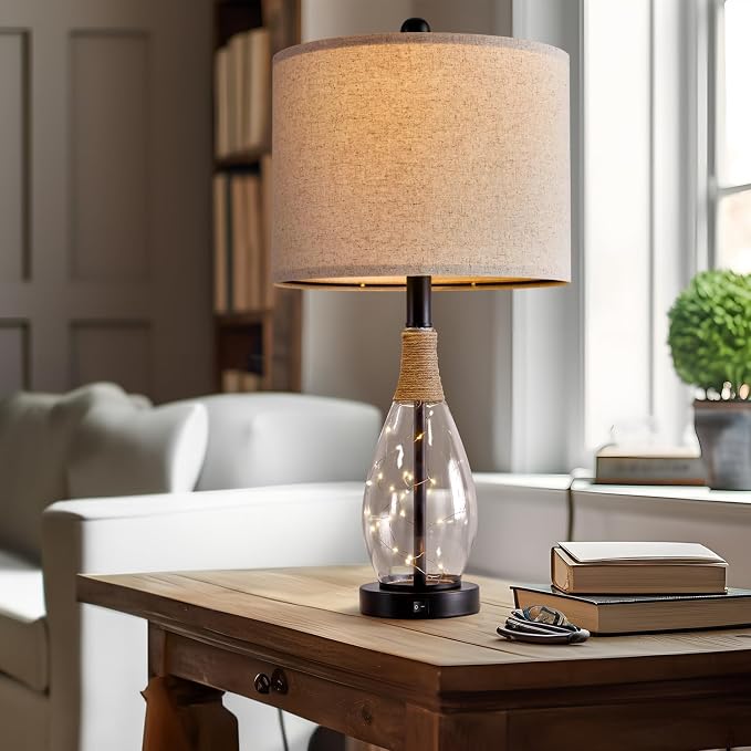 Bedside Table Lamp with USB, 23‘’ Black Modern Nightstand Lamps for Bedroom, Retro Rattan Table Lamps for Night Stands, Living Room, Farmhouse Table Lamp with Glass Nightlight Lamps