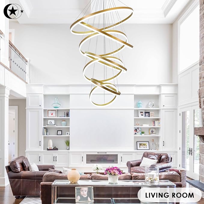 XGZL·LIGHTING 7-Rings Modern LED Chandelier Gold D31.5’’ Contemporary High Ceiling Foyer Chandeliers Large with Remote Entryway for Living Room Entrance Staircase, 3000K-6000K