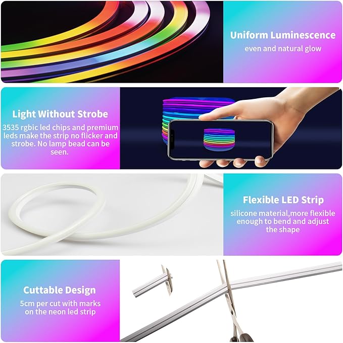 26FT LED Neon RGBIC Lights, LED Lights with RF Remote & APP Control, Flexible IP67 Waterproof Outdoor, Music Sync, DIY Design, 24V LED Strip Lights for Gaming Livingroom Wall Christmas Decor
