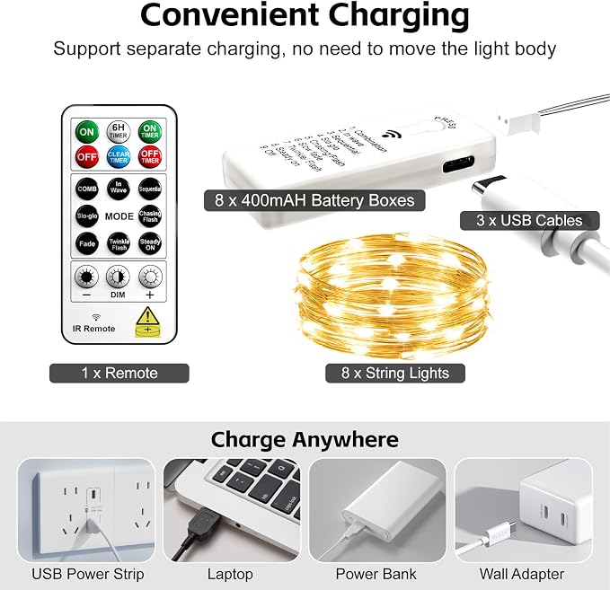 8 Pack Rechargeable LED Fairy Lights 7Ft 20LED Battery Operated | 8 Modes, Remote & DIY Timer Mini Twinkle String Lights for Indoor Christmas Wedding Mason Jar Bedroom Table
