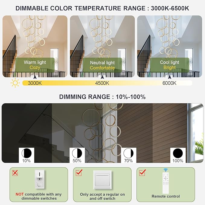 20 Ring High Ceiling Chandelier Foyer, Gold Modern LED Large Staircase Long Chandeliers Light Fixture with Remote for Staircase Entryway Living Room Dining Room(118in, 3000K-6500K)