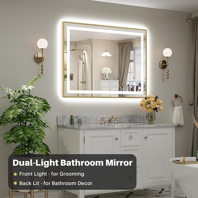 48x36 Inch LED Bathroom Mirror with Gold Frame, Backlit & Front Lit | Anti-fog, 3 Color Dimmable, Memory Function, HD Reflection Tempered Glass, ETL Listed, IP54 Waterproof