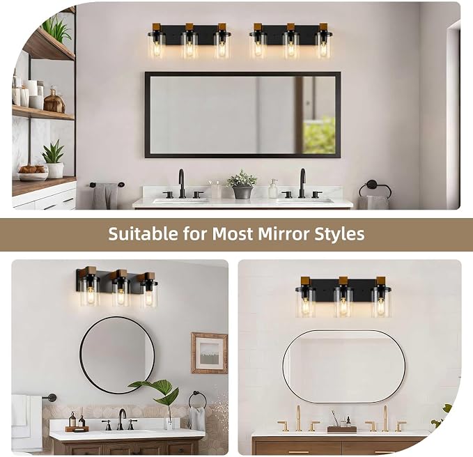 3-Light Farmhouse Bathroom Light Fixtures, Black Bathroom Vanity Light Fixtures Over Mirror, Rustic Sconces Wall Lighting with Clear Glass Shades for Living Room, Bedroom, Hallway
