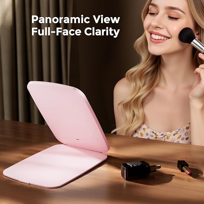 10" x 7" Large Travel Mirror with Lights, Rechargeable Portable Lighted Makeup Mirror, 3 Lighting Modes, 2000mAh Battery & Magnetic Closure (Pink)