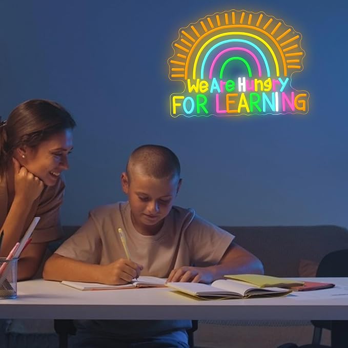 We Are Hungry For Learning Neon Sign LED Educational Light Up Sign USB Powered Rainbow Neon Light for Wall Decor Classroom Bedroom Shop Library Bookstore(16.54 * 12.6In)