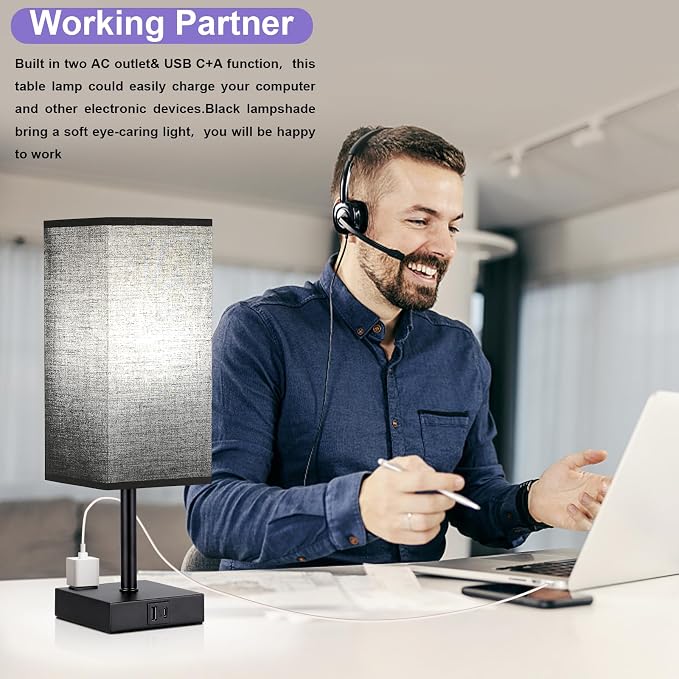 Black Bedside Table Lamp for Bedroom - Dimmable Touch, USB C+A, AC Outlet | 3-Way Dimming, 5000K Daylight Bulb Included, Nightstand Lamp with Square Linen Shade, Small Room Decor for Men, Boys, Desk