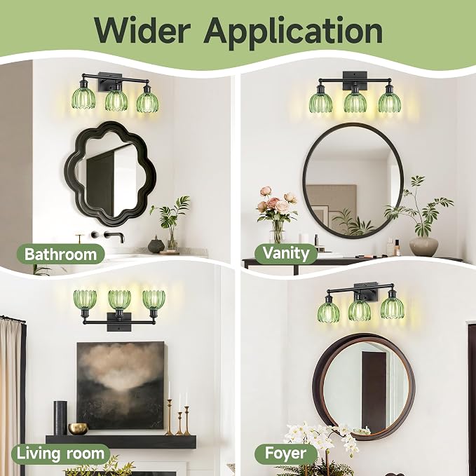 Bathroom Lighting Fixtures Over Mirror,3 Light Vintage Vanity Light,20 in Antique Black Bathroom Sconce with Green Tulip Glass Shade for Bedroom Living Room,Dressing Table,Hallway,E26 Base