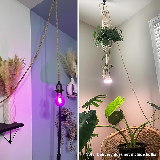 Vintage Plug in Pendant Light with Hemp Rope Cord 16.4 ft, 1-Light Hanging Light Cord Kit with On/Off Switch Farmhouse Black E26 Lamp Socket