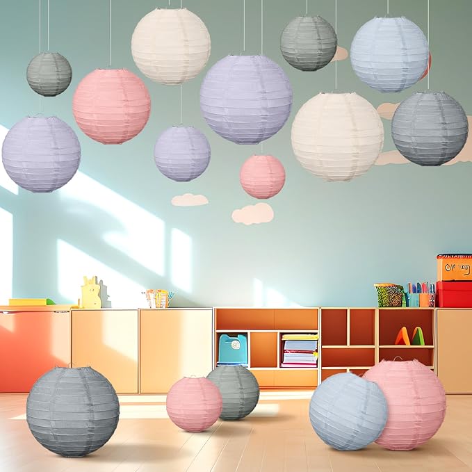 Glooglitter 16 Pcs Colorful Hanging Paper Lanterns Boho Party Decorations 4” 6” 8” 10” Round Decorative Chinese Lanterns Classroom Ceiling Decor for Indoor Outdoor Wedding Baby Shower, Morandi Color