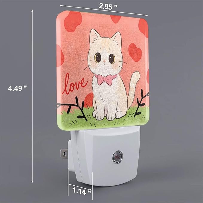Love Heart Cute Cat Kitten LED Plug-in Night 2 Lamp, Auto Sensor Nightlights Adults for Bedroom Bathroom Set of 2